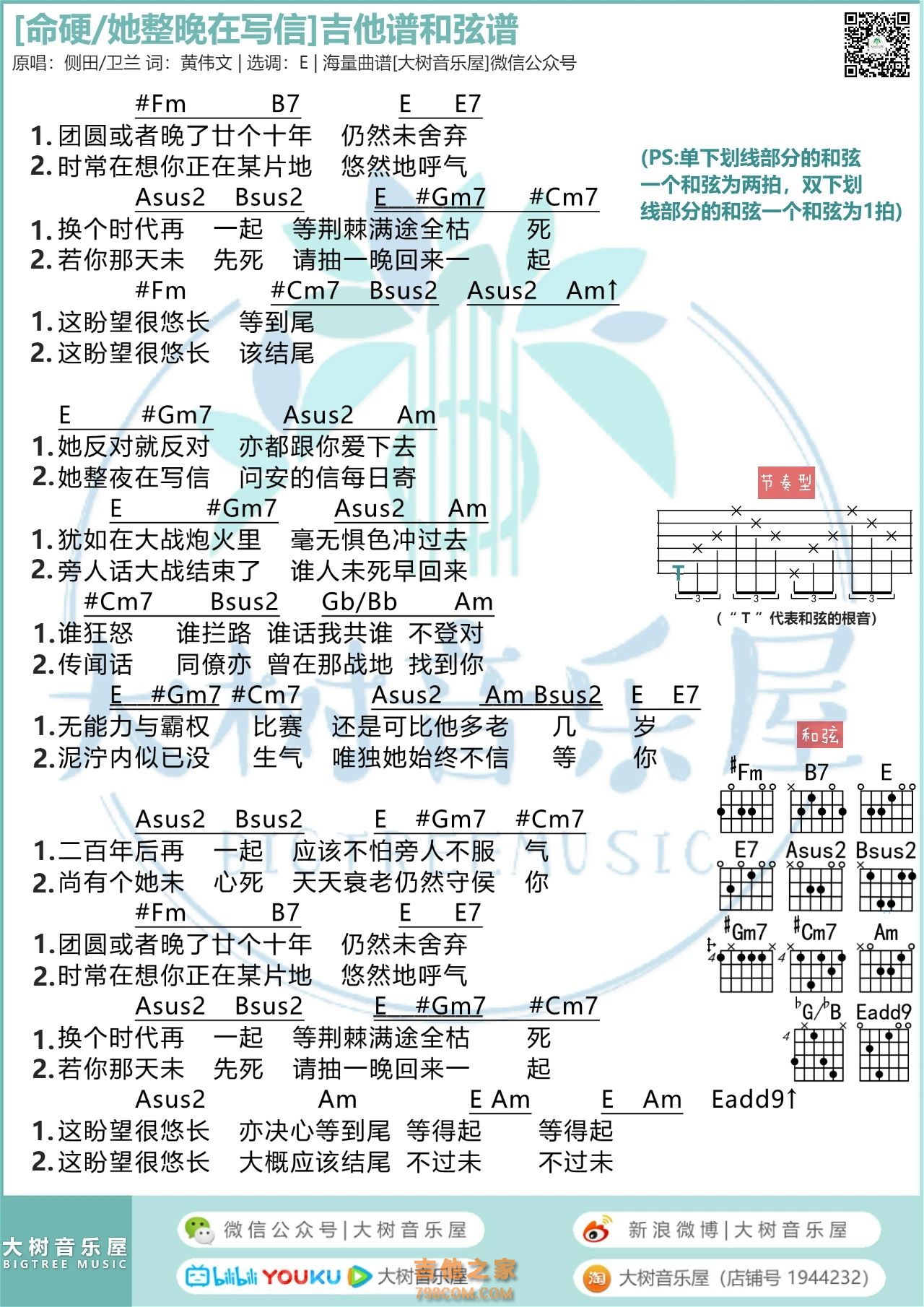 侧田《命硬》卫兰《她整晚在写信》吉他和弦谱大树音乐屋- 吉他谱- 吉他之家